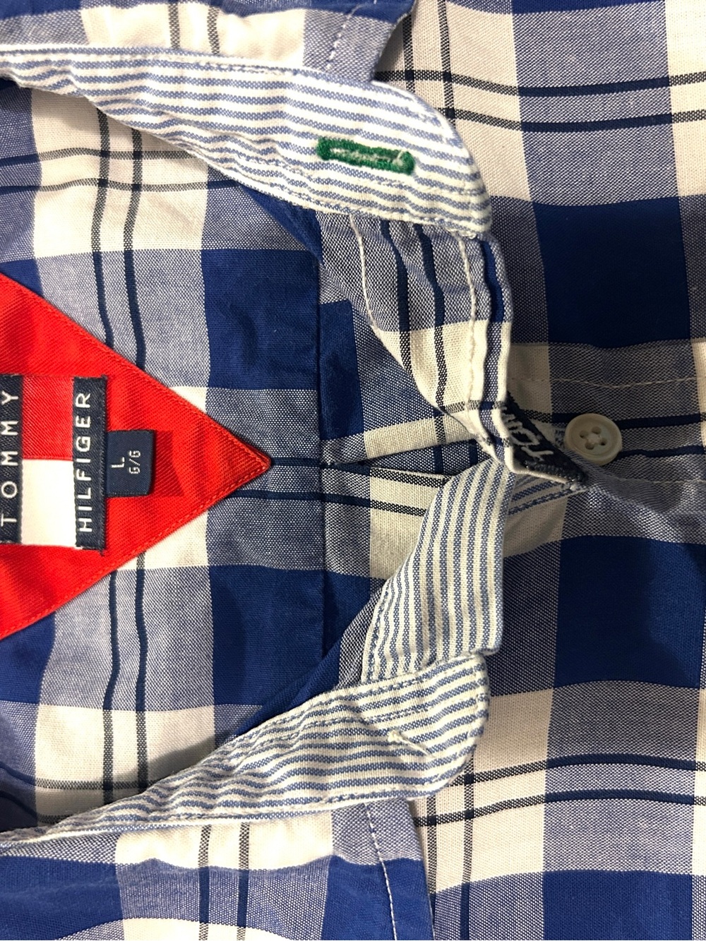 Tommy Hilfiger Mens Large Blue White Plaid Short Sleeve Button Down Shirt Cotton